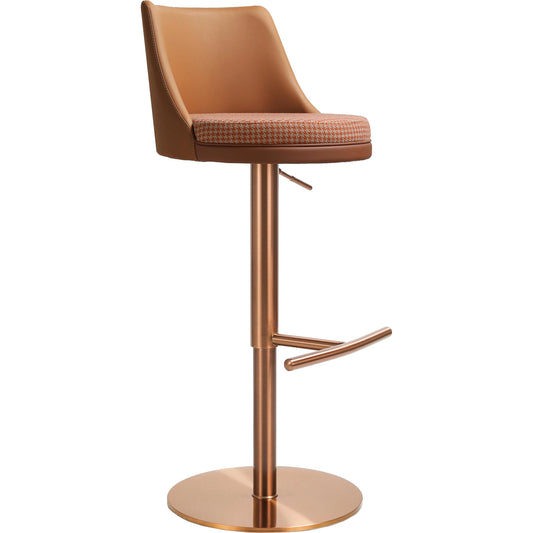 Reagan Houndstooth Adjustable Swivel Stool by TOV Furniture in cafe au lait. Made from fabric, stainless steel, vegan leather in a modern style.