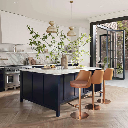 Reagan Houndstooth Adjustable Swivel Stool by TOV Furniture in cafe au lait. Made from fabric, stainless steel, vegan leather in a modern style.