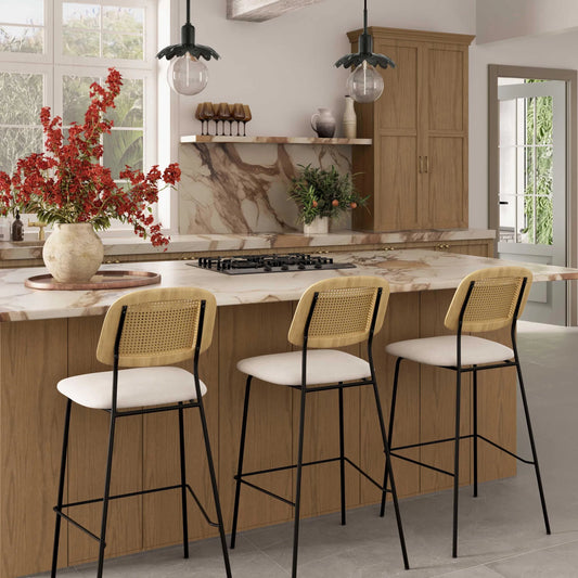 Anais Rattan Counter Stool (Set of 2) by TOV Furniture in natural. Made from ash, iron, linen, rattan in a transitional style.