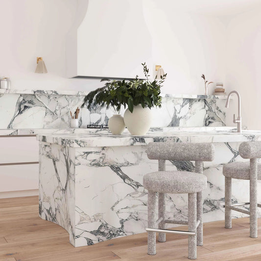 Carmel Performance Boucle Counter Stool by TOV Furniture in black, white. Made from boucle, stainless steel, wood in a transitional style.