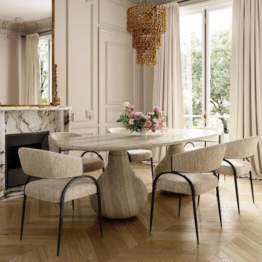 Tatum Textured Performance Boucle Dining Chair by TOV Furniture in cream. Made from boucle, plywood, stainless steel in a transitional style.