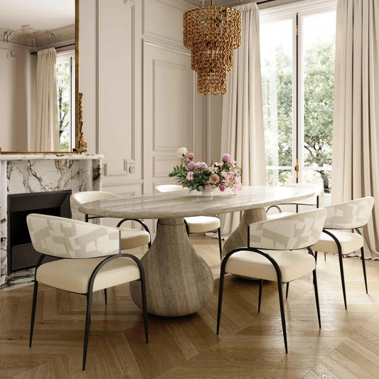 Tatum Vegan Leather and 2-Tone Jacquard Dining Chair by TOV Furniture in cream. Made from fabric, foam, plywood, polyester, stainless steel in a unique style.