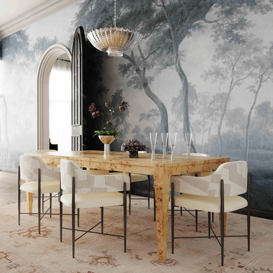 Sezanne Vegan Leather and 2-Tone Jacquard Dining Chair by TOV Furniture in cream. Made from fabric, foam, iron, plywood, polyester, stainless steel in a unique style.