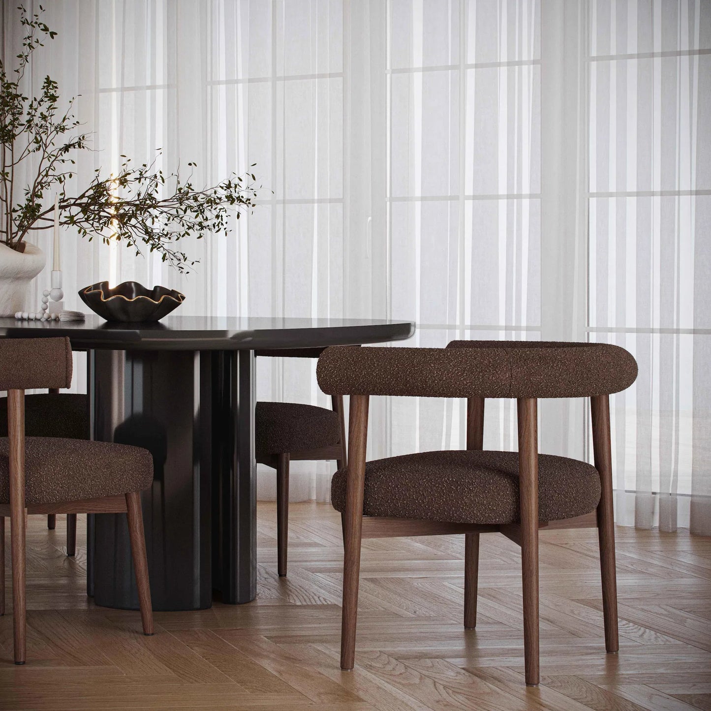005 SI-2454382 | Lifestyle | Spara Performance Boucle Side Chair by TOV Furniture in chocolate brown. Made from ash wood, boucle in a unique style.