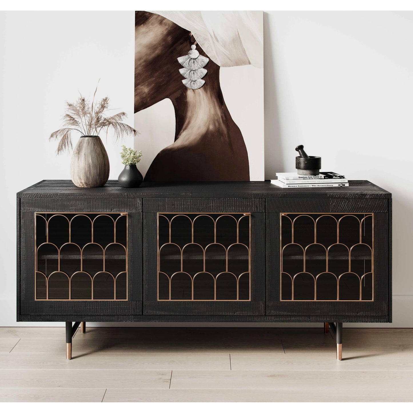 015 S-303061 | Lifestyle | Gatsby Wood Buffet by TOV Furniture in natural and black. Made from acacia, steel, tempered glass in a modern style.