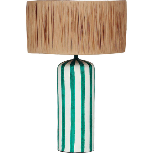 Ravello Striped Papier Mache Table Lamp by TOV Furniture in green. Made from iron, papier mache, raffia in a eclectic & global style.