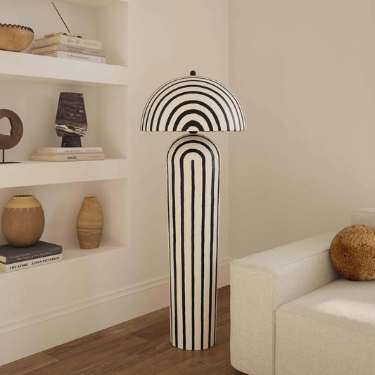 Maiori Striped Papier Mache Floor Lamp by TOV Furniture in black, white. Made from iron, papier mache in a eclectic & global style.