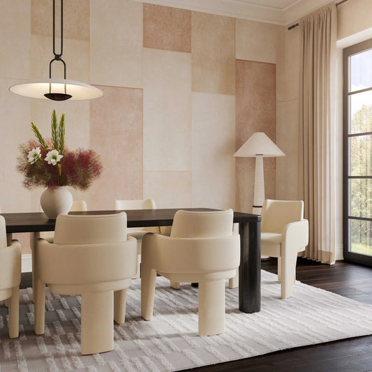 Faith Boucle Floor Lamp by TOV Furniture in white. Made from boucle, iron, wood in a modern style.