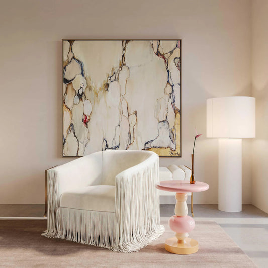 Cleopatra Linen Floor Lamp by TOV Furniture in cream. Made from iron, linen in a transitional style.