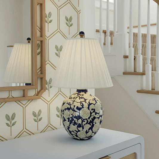 Diana Table Lamp by TOV Furniture in blue, white. Made from ceramic, fabric, metal in a unique style.
