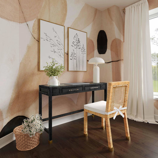 Amara Rattan Desk by TOV Furniture. Made from glass, rattan veneer, wood in a cottage & farmhouse style.