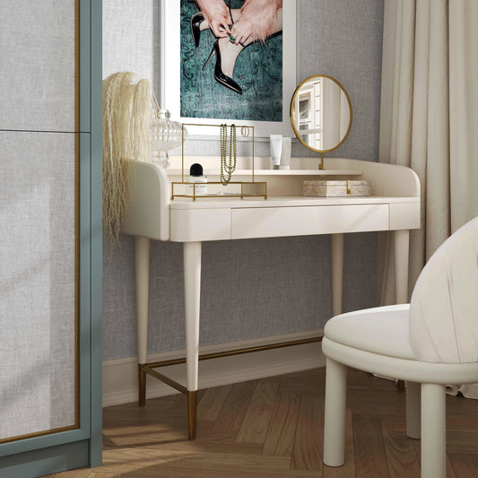 Penelope Vegan Leather Wrapped Vanity Desk by TOV Furniture. Made from acacia, iron, mdf in a modern style.