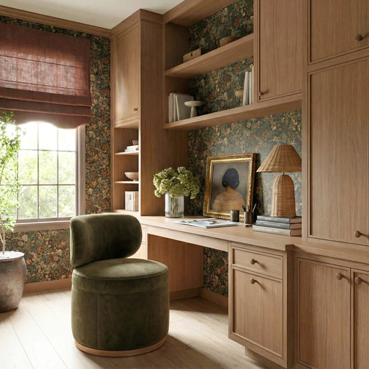 Amaya Upcycled Chenille Swivel Desk Chair by TOV Furniture in green. Made from plywood, recycled fabric, rubberwood in a eclectic & global style.