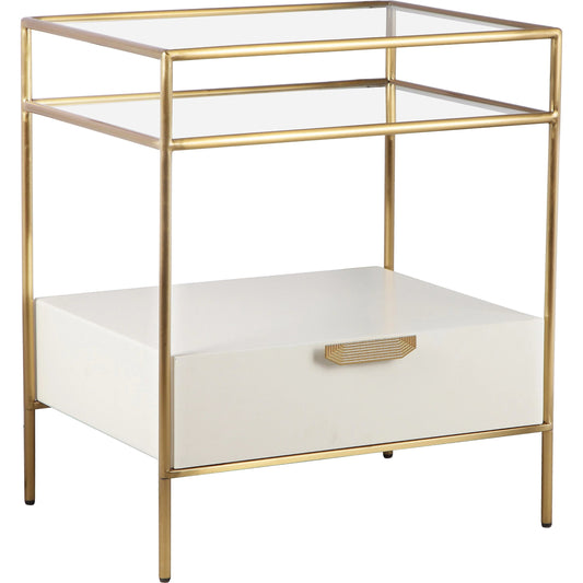 Darla Glass Nightstand by TOV Furniture in cream, gold. Made from glass, mdf, stainless steel in a modern style.