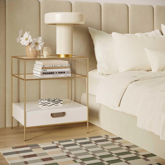 Darla Glass Nightstand by TOV Furniture in cream, gold. Made from glass, mdf, stainless steel in a modern style.