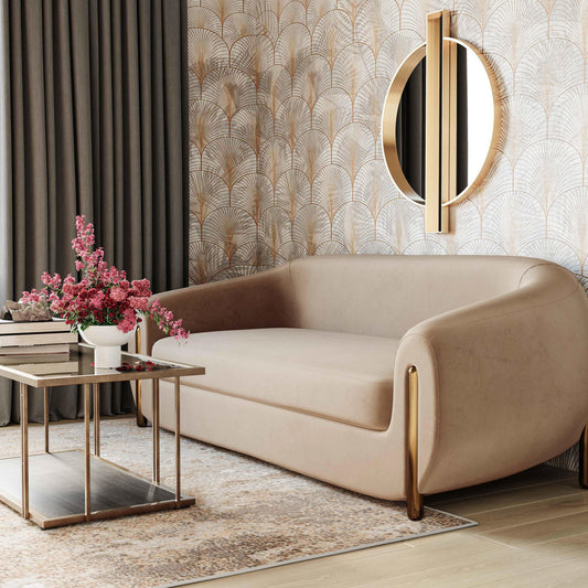 Lina Velvet Sofa by TOV Furniture in cafe au lait. Made from stainless steel, velvet, wood in a modern style.