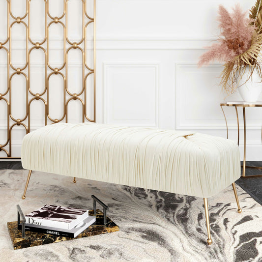 Jessica Velvet Bench by TOV Furniture in cream. Made from velvet, pine, plywood in a transitional style.