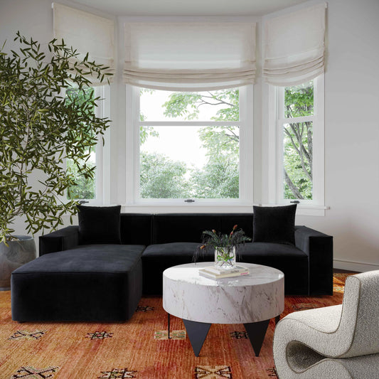Olafur Velvet Sectional by TOV Furniture in black. Made from velvet, wood in a modern style.