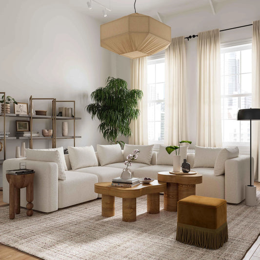 Hangover Boucle 5-Piece Modular L-Sectional by TOV Furniture in cream. Made from boucle, wood in a modern style.