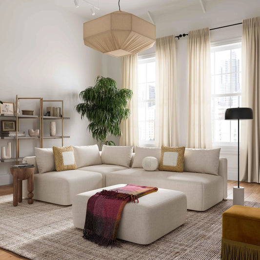 Hangover Linen Modular Corner Chair by TOV Furniture in cream. Made from linen, wood in a modern style.