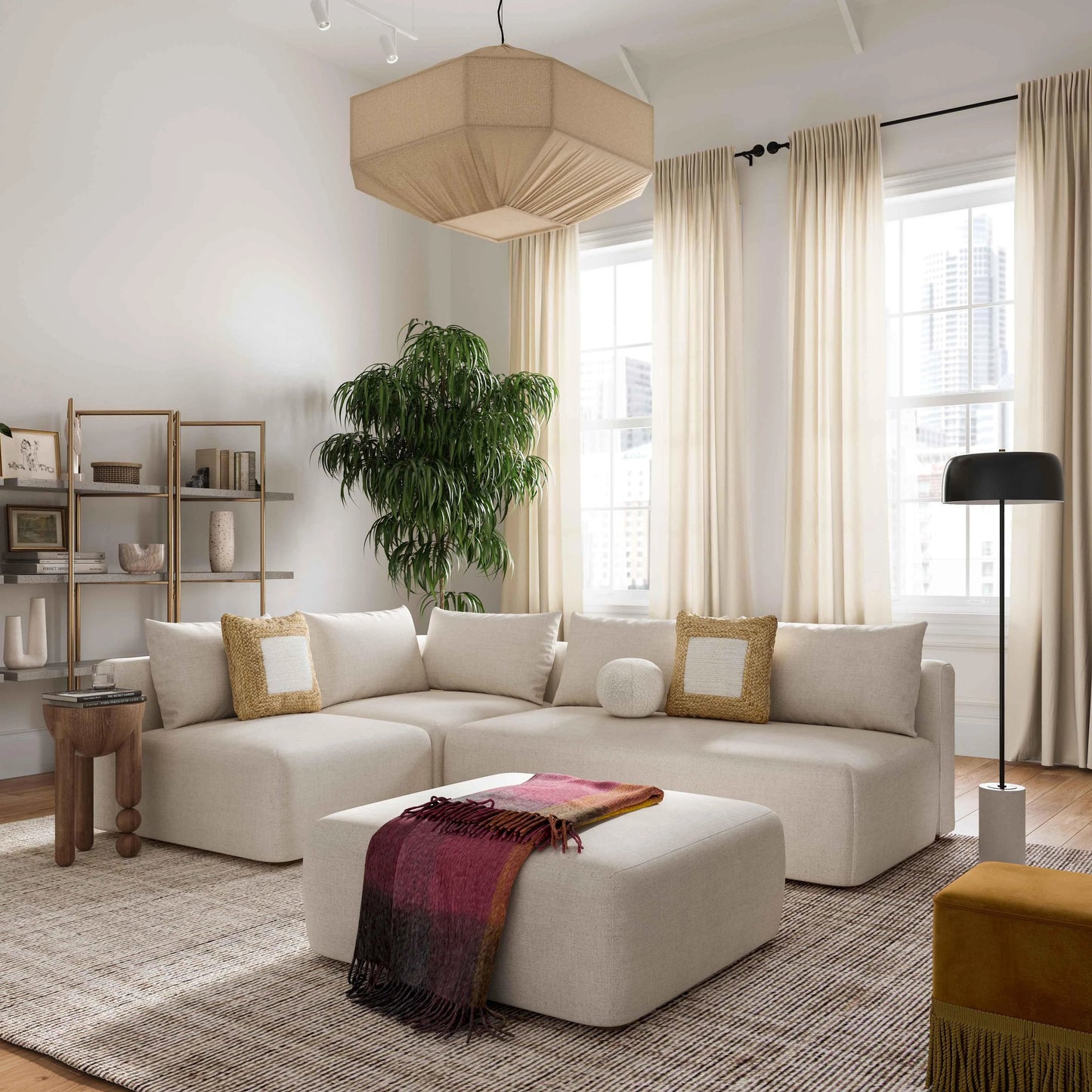 004 SI-2122140 | Lifestyle | Hangover Linen Modular Loveseat by TOV Furniture in cream. Made from linen, wood in a modern style.