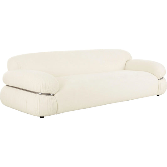 Leyla Boucle Sofa by TOV Furniture in cream. Made from boucle, stainless steel, wood in a transitional style.