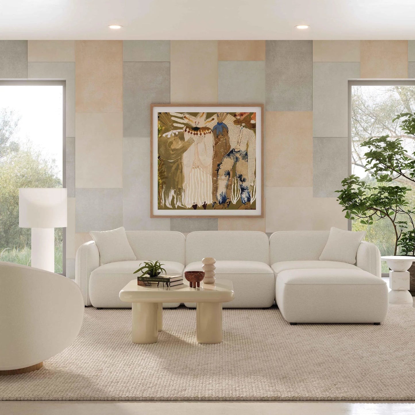 009 SI-2356389 | Lifestyle | Travie Upcycled Linen 4-Piece Modular Sectional by TOV Furniture in sand. Made from plywood, recycled fabric, wood in a transitional style.