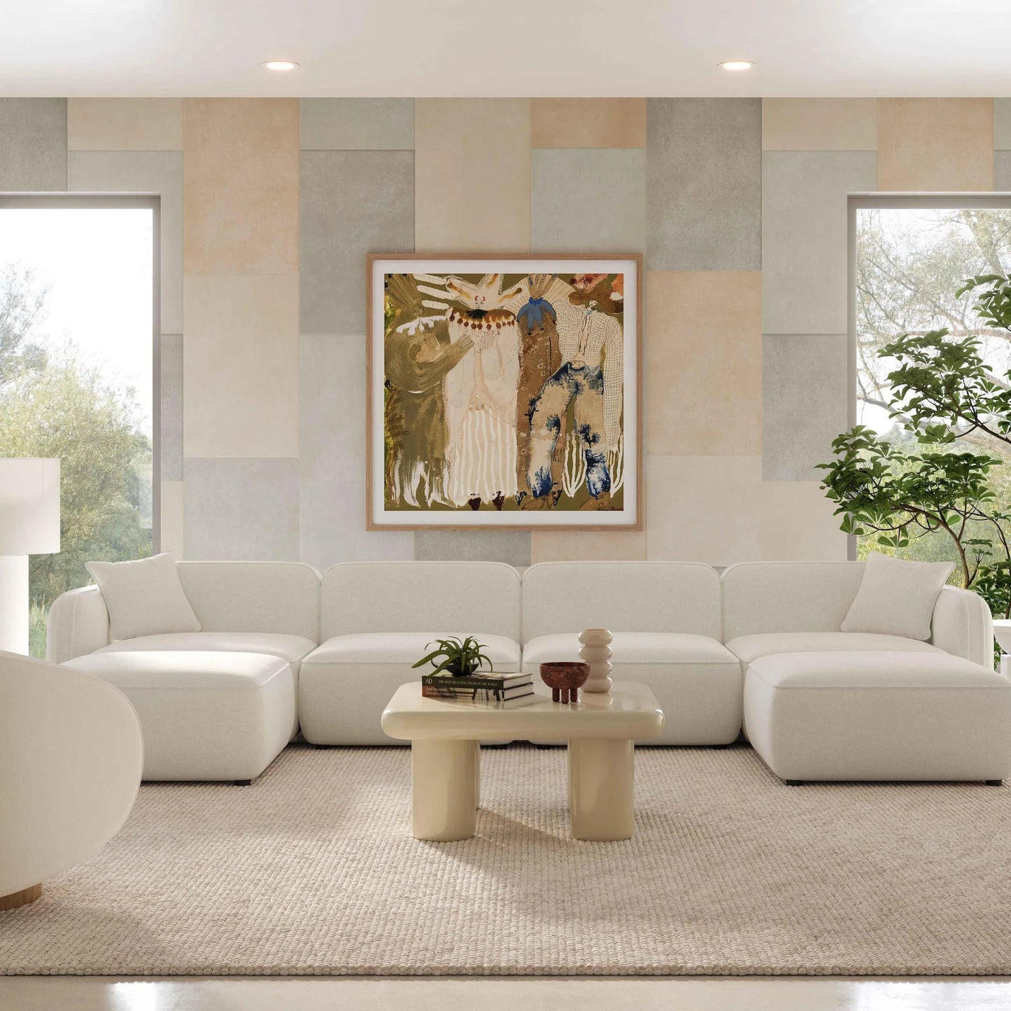 008 SI-2356390 | Lifestyle | Travie Upcycled Linen 6-Piece Modular U-Sectional by TOV Furniture in sand. Made from plywood, recycled fabric, wood in a transitional style.