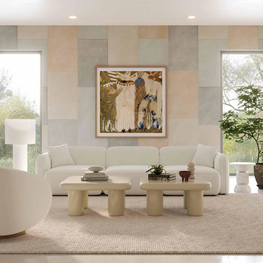 Travie Upcycled Linen Modular Sofa by TOV Furniture in sand. Made from plywood, recycled fabric, wood in a transitional style.