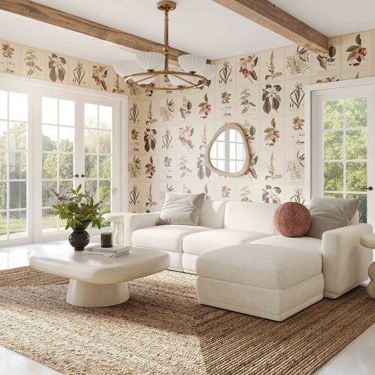 Perry Chenille Modular Ottoman by TOV Furniture in cream. Made from chenille, plywood, wood in a transitional style.