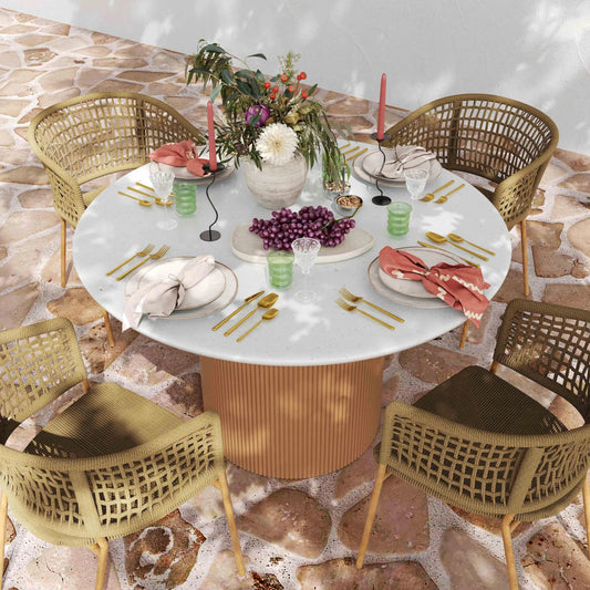 Rose Faux Terrazzo and Terracotta Concrete Indoor / Outdoor Round Dining Table by TOV Furniture in terracotta, terrazzo, white. Made from concrete, terrazzo in a transitional style.