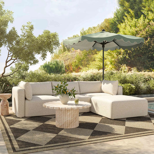 Hangover Outdoor Ottoman by TOV Furniture in cream. Made from aluminum, fabric in a transitional style.