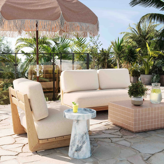 Reavan Outdoor Lounge Sofa by TOV Furniture in cream, light teak. Made from fabric, wood in a transitional style.
