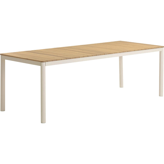 Sardinia Outdoor Dining Table by TOV Furniture in cream, light teak. Made from aluminum, wood in a transitional style.