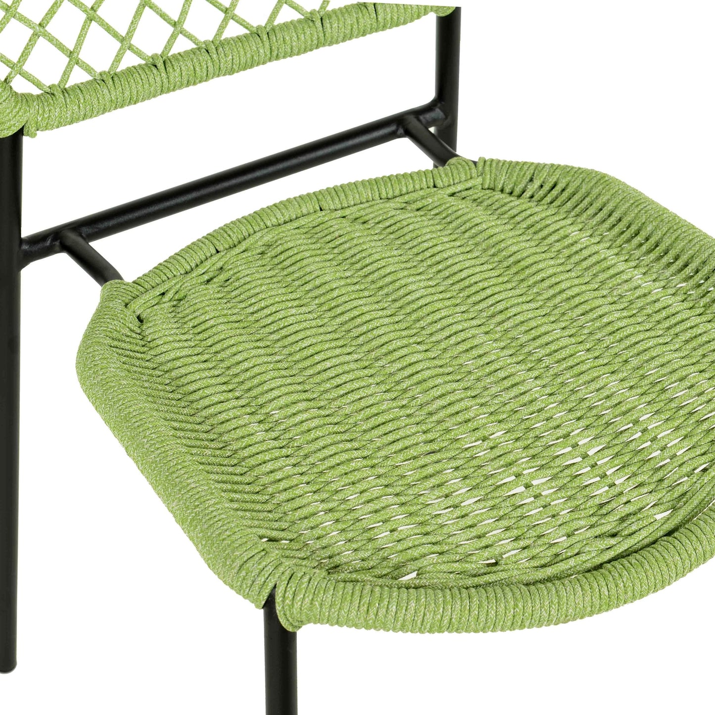 005 SI-2122155 | Closeup | Lucy Dyed Cord Outdoor Dining Chair by TOV Furniture in green. Made from iron, rope in a cottage & farmhouse style.