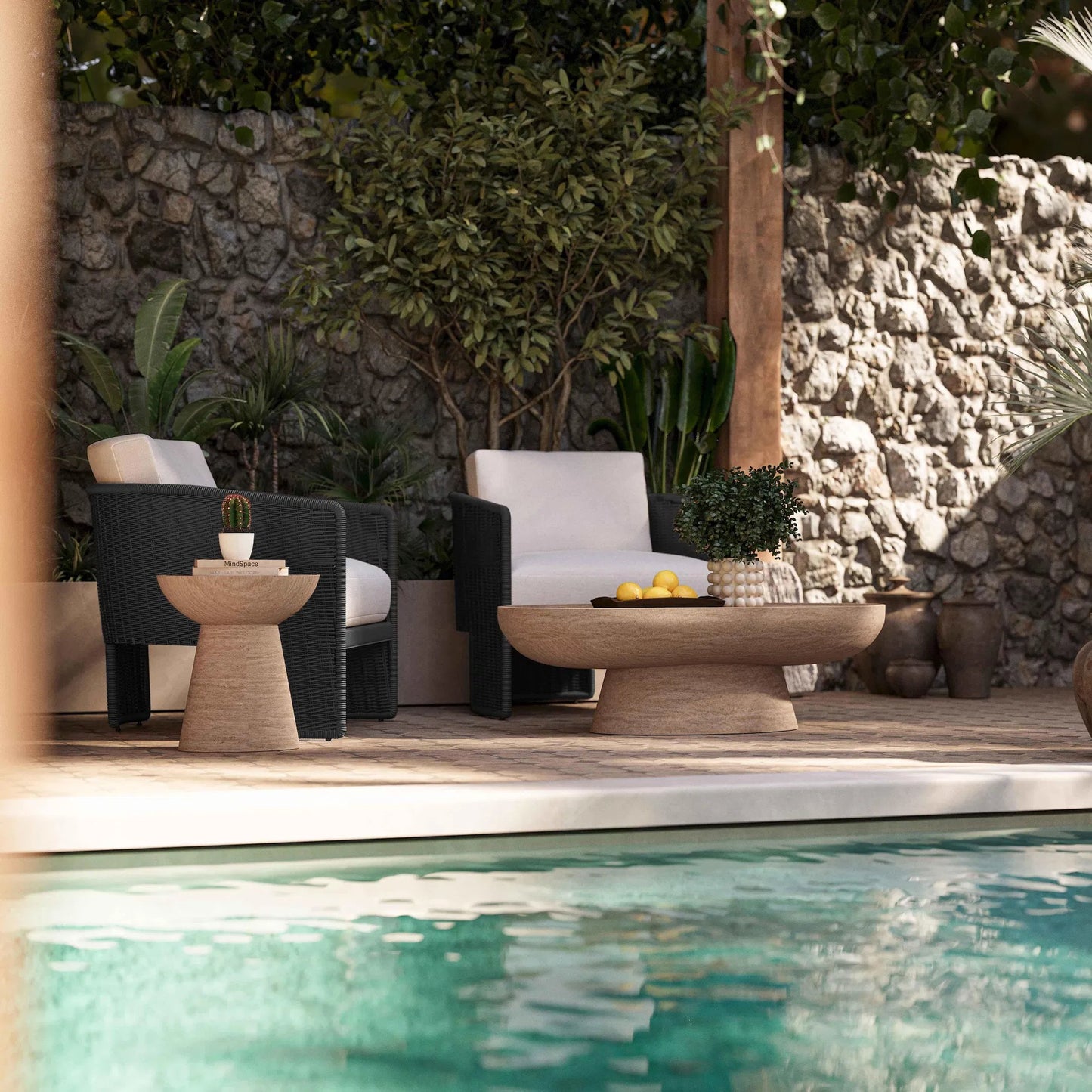 009 SI-2356245 | Lifestyle | Alexa Performance Fabric Outdoor Armchair by TOV Furniture in black. Made from aluminum, polyester, wicker in a rustic style.