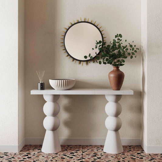 Lupita Console Table by TOV Furniture in white. Made from iron, mdf, resin in a modern style.
