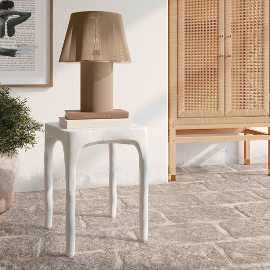 Skully Textured Side Table by TOV Furniture in cream. Made from fiber stone in a transitional style.