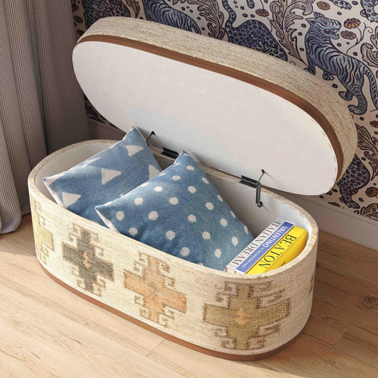 Olivier Cotton Oval Storage Ottoman by TOV Furniture in multi. Made from cotton, jute, wood in a rustic style.