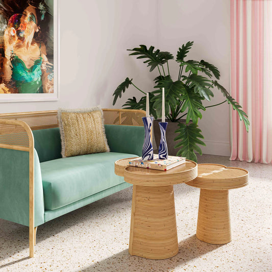 Felicia Tall Lilypad Side Table by TOV Furniture in natural. Made from glass, rattan veneer, wood in a cottage & farmhouse style.