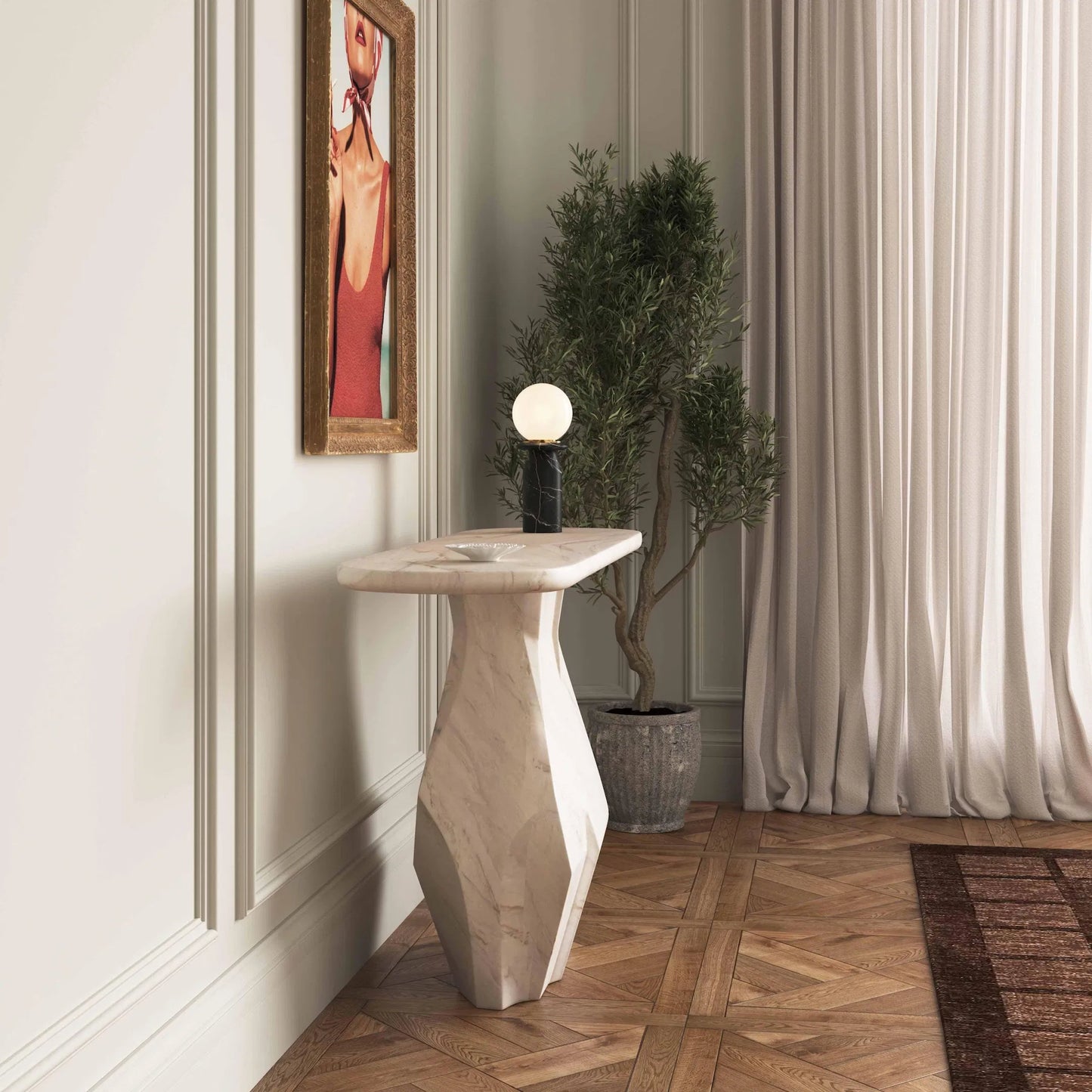 008 SI-2356292 | Lifestyle | Esme Faux Marble Indoor/Outdoor Long Console Table by TOV Furniture in white. Made from concrete in a modern style.