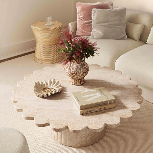 Henri Rattan Side Table by TOV Furniture in natural. Made from rattan in a rustic style.