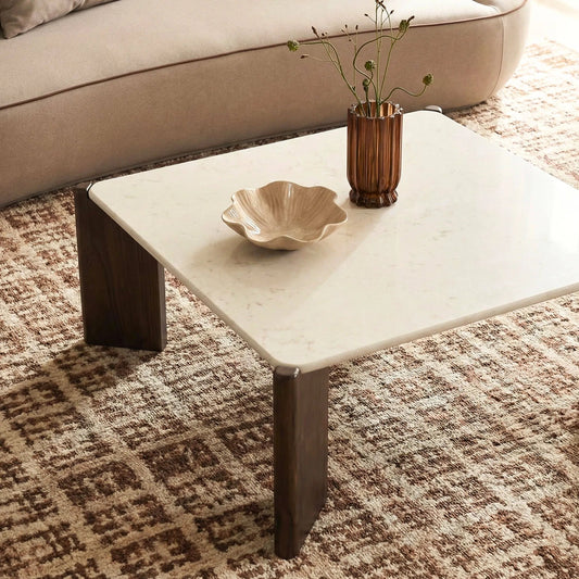 Restis Square Coffee Table by TOV Furniture in brown, cream. Made from mdf, oak, oak veneer, quartz in a transitional style.