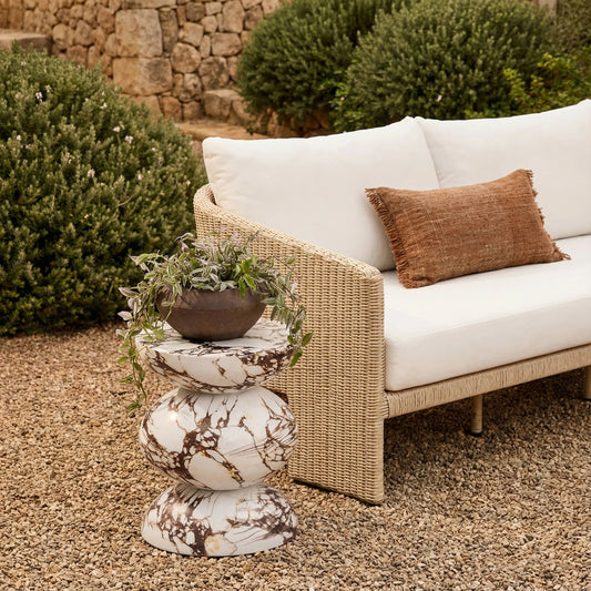Pia Red Faux Marble Indoor/Outdoor Side Table by TOV Furniture in red marble. Made from concrete in a modern style.