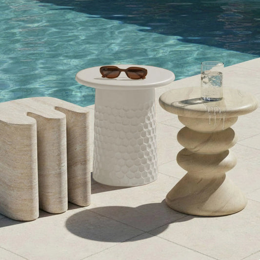 Hessa Indoor/Outdoor Chiseled Side Table by TOV Furniture. Made from concrete in a rustic style.
