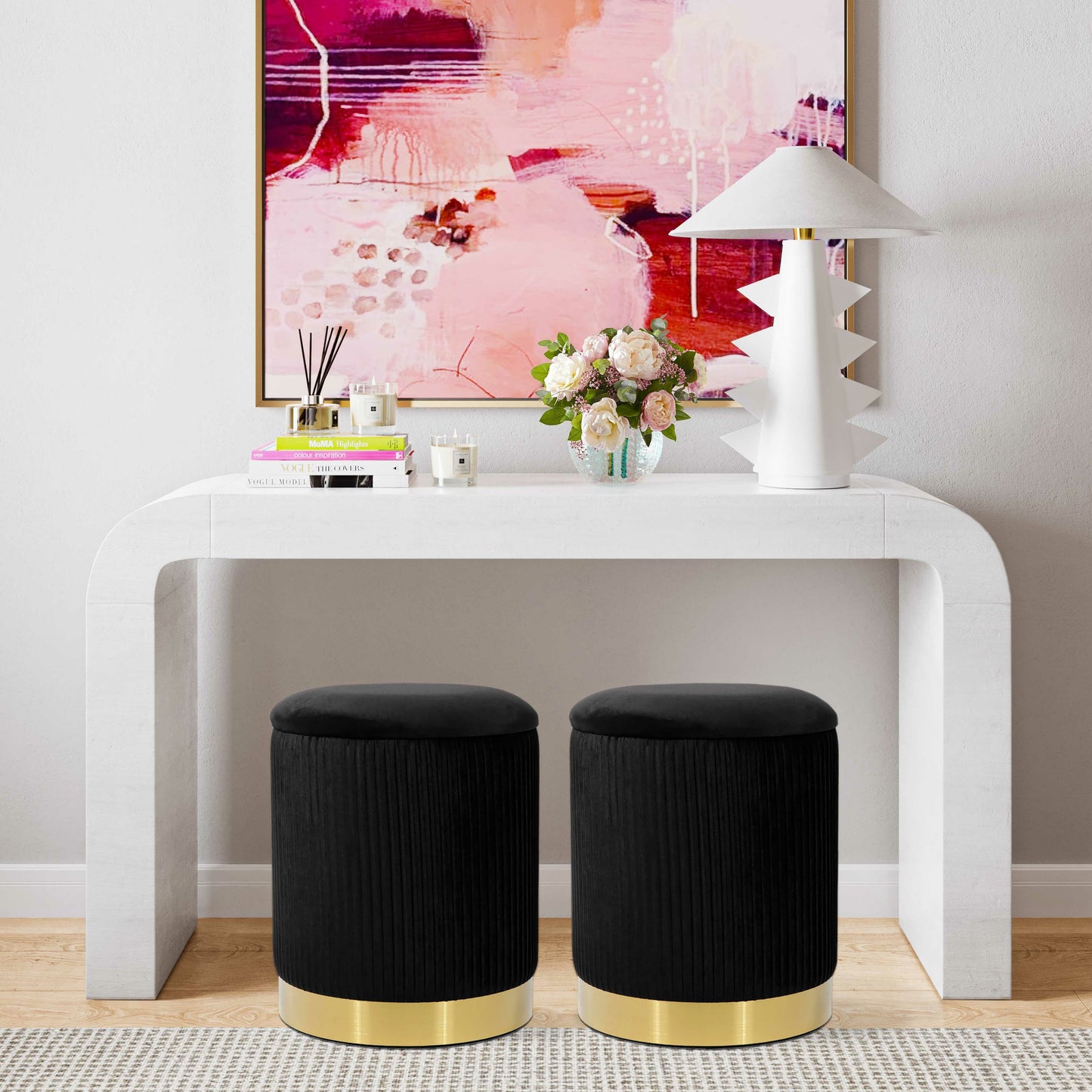 025 SR-894040 | Lifestyle | Zoe Velvet Storage Ottoman by TOV Furniture. Made from velvet in a transitional style.