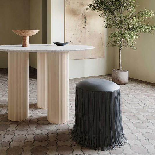 Shag Me Performance Vegan Leather Ottoman by TOV Furniture. Made from plywood, vegan leather, wood in a transitional style.