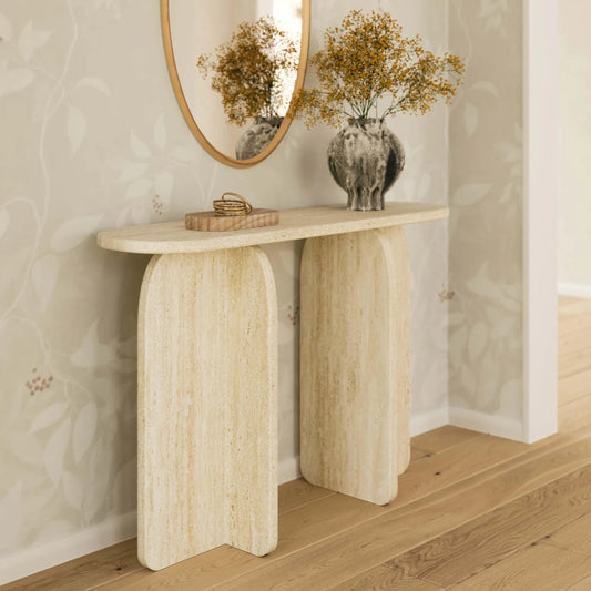 Clementine Faux Console Table by TOV Furniture in travertine. Made from iron, mdf, paper in a transitional style.