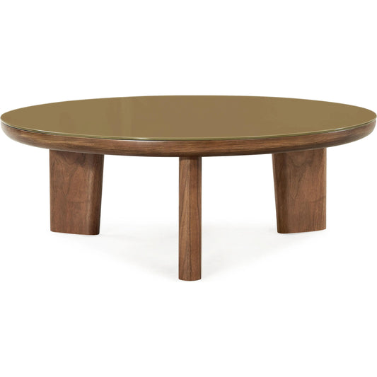 Oani Walnut and Glass Round Coffee Table by TOV Furniture in natural. Made from glass, mdf, veneer in a transitional style.
