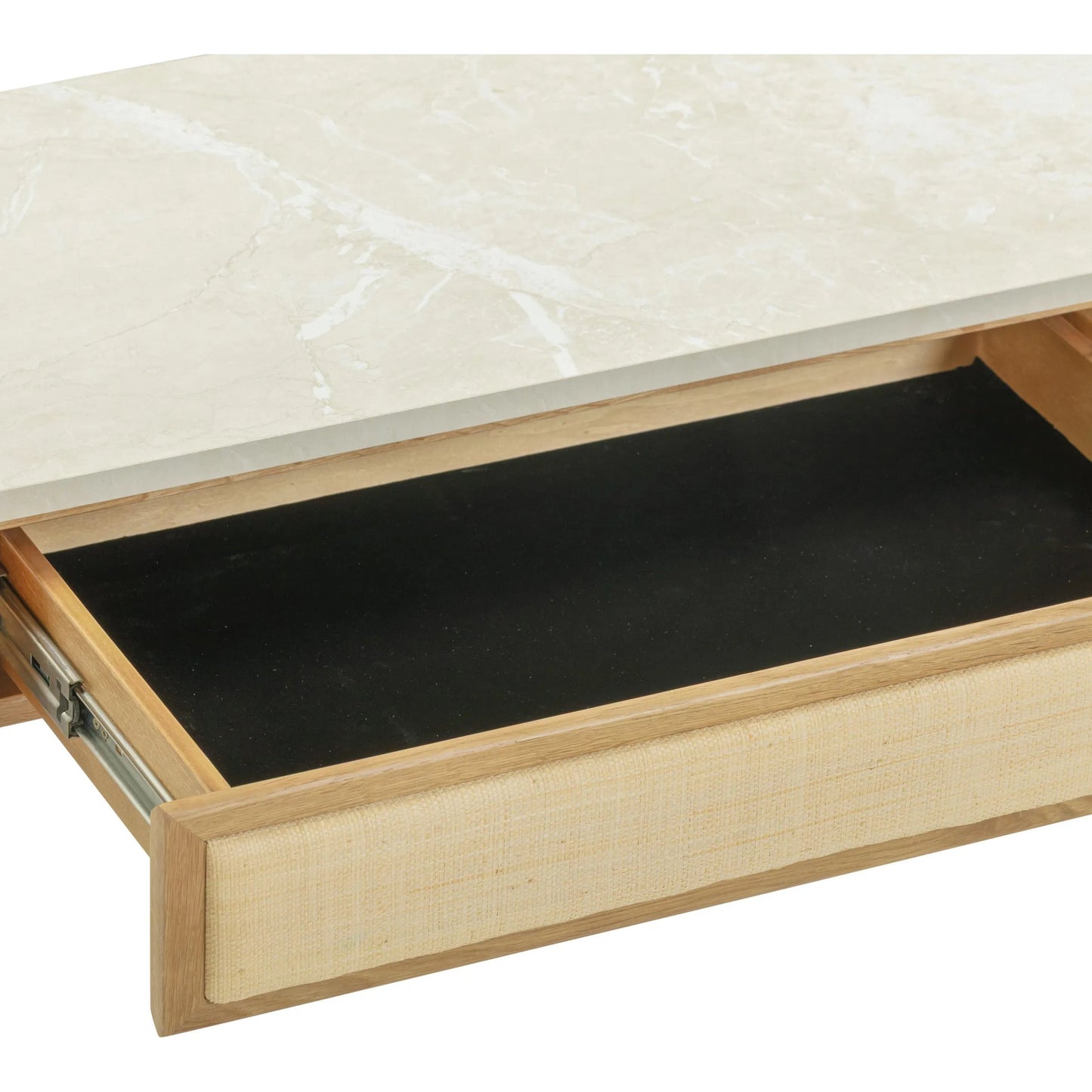 007 SI-2454353 | Closeup | Paige Oak Console/Desk by TOV Furniture in natural. Made from melamine, oak, oak veneer, raffia in a unique style.